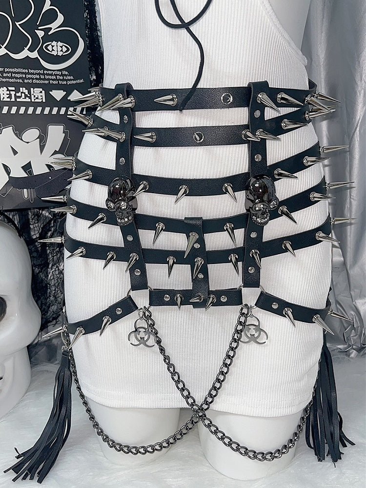 チャームタッセルウエスト＆ベルトスタッドブラックスケルトンY2K装飾