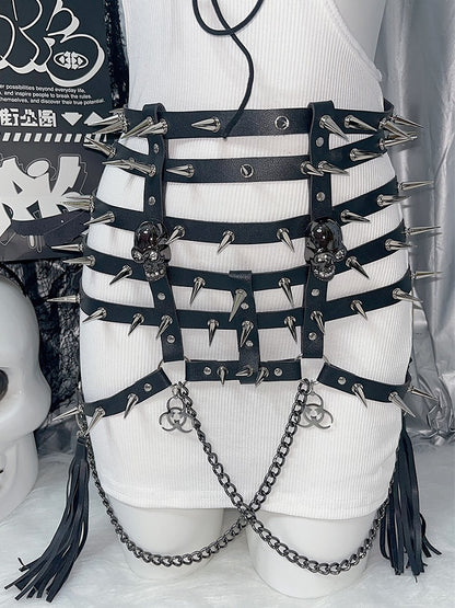 チャームタッセルウエスト＆ベルトスタッドブラックスケルトンY2K装飾