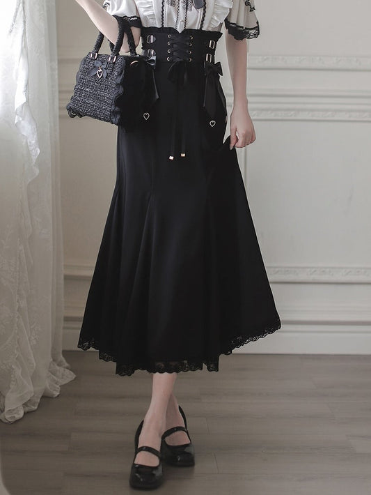 Lace-up Front High Waist Mermaid Skirt with Jirai Kei Black