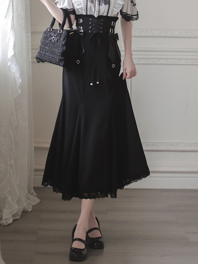 Waist Kei Front Skirt Mermaid Black Lace-up High with Jirai