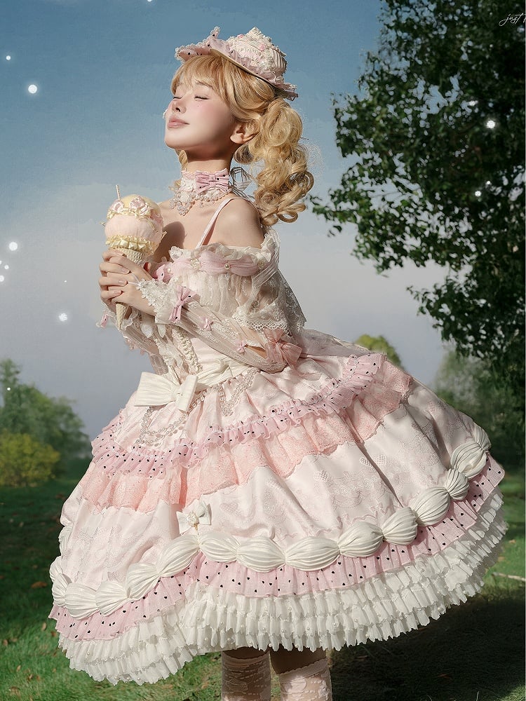 Wrist Shoulder KC Choker Veil Mini Hime Cuffs Set + Off Pink Lolita Full Hat Dress