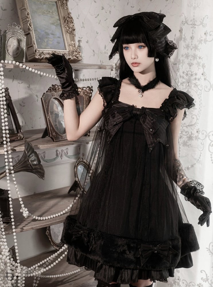 Black Gothic Pearl Bowknot JSK Dress with Plush - Kuroya