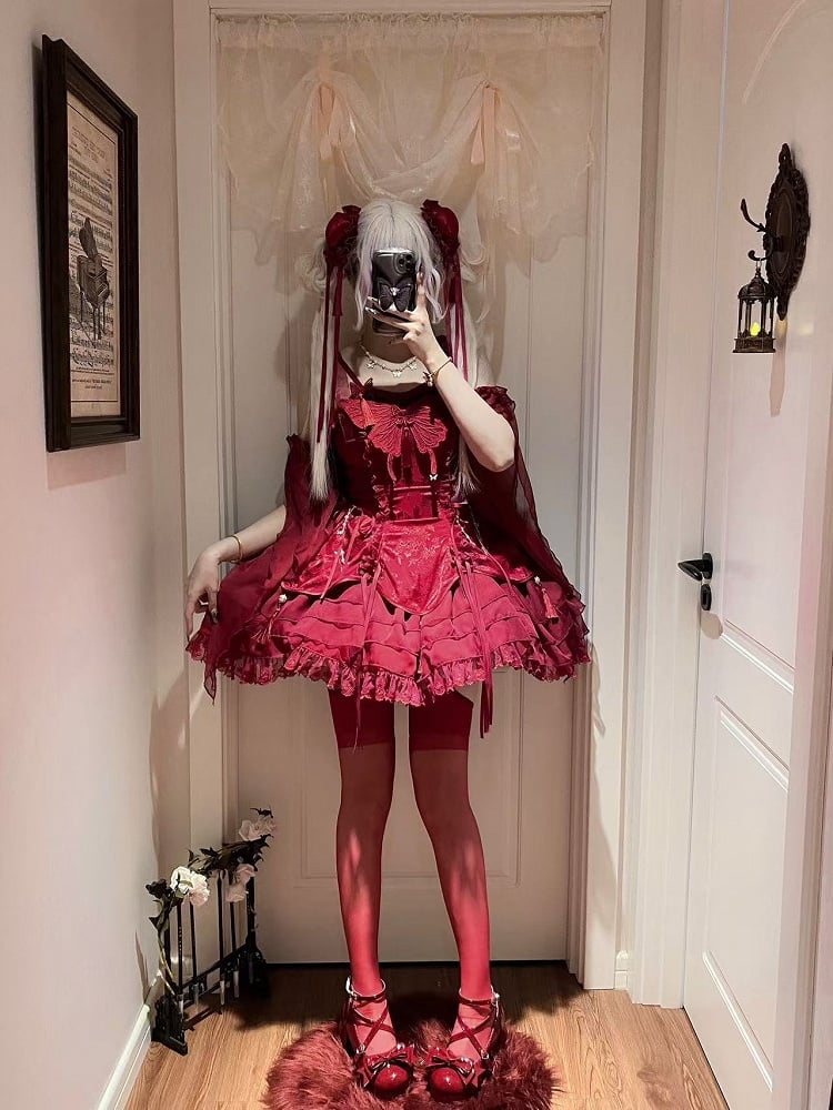 タッセル付きフェアリージャンパースリーブ、蝶のカスケード装飾スカート、赤いロリータフリル