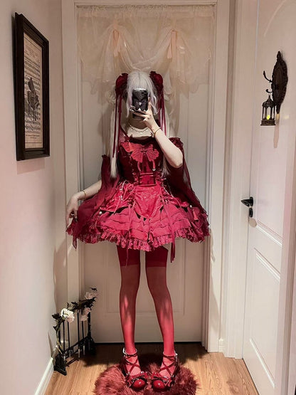 タッセル付きフェアリージャンパースリーブ、蝶のカスケード装飾スカート、赤いロリータフリル