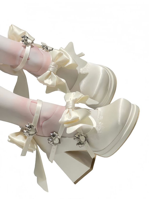 Block White Bow Lolita Removable Classic with Decor Heels High - Buckles Heart