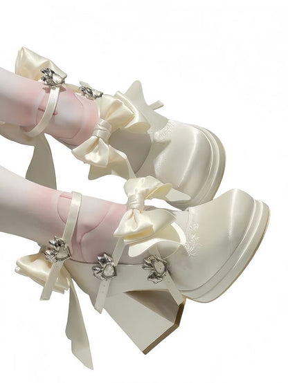 Block White Bow Lolita Removable Classic with Decor Heels High - Buckles Heart