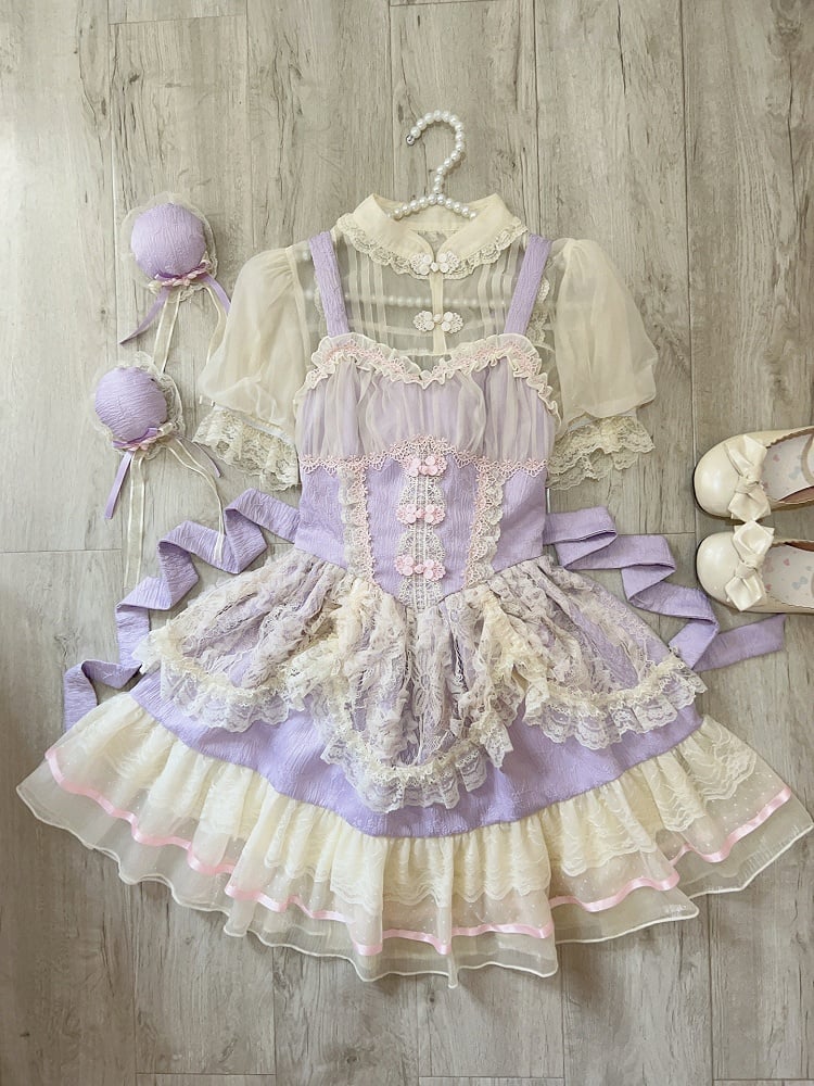 Frog Chinoiserie Dress Fresh JSK Ballet-Inspired Button Lace Trim Purple Lolita