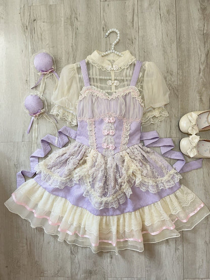 Frog Chinoiserie Dress Fresh JSK Ballet-Inspired Button Lace Trim Purple Lolita