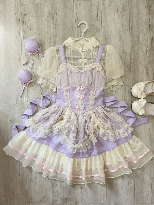 Frog Chinoiserie Dress Fresh JSK Ballet-Inspired Button Lace Trim Purple Lolita