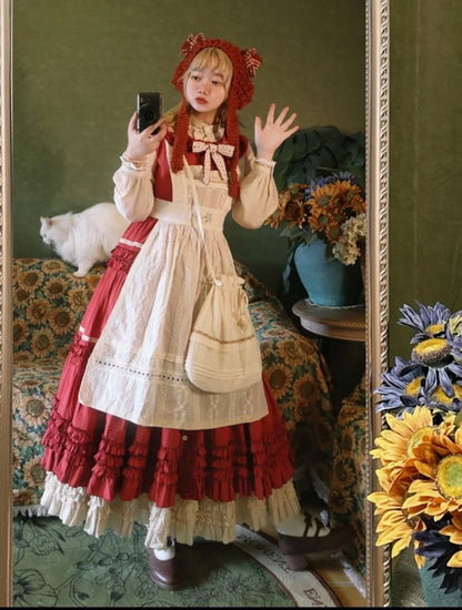 Neckline Lace-Trimmed Blouse Light Coffee and Cuffs Ruffled Lolita with