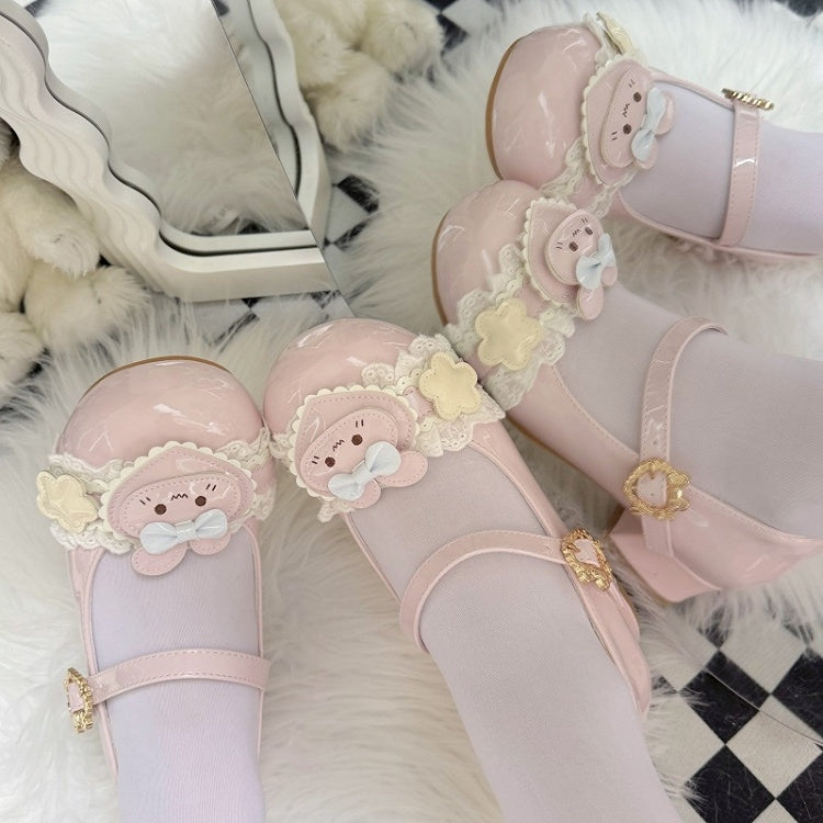 Ear Mary Lolita PU Light Sweet Janes with Heart Rabbit Pink Accents Bunny Floral Theme Top - at