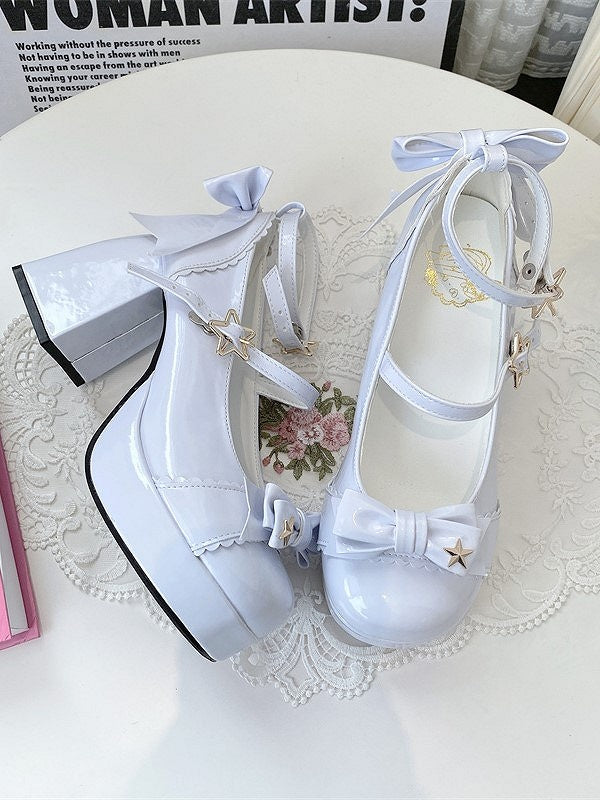 Star in Elegant Lolita High Blue Light 8cm - Accents Block Details Heels Bow