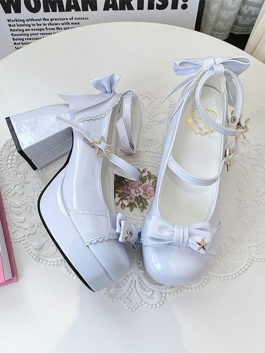 Star in Elegant Lolita High Blue Light 8cm - Accents Block Details Heels Bow
