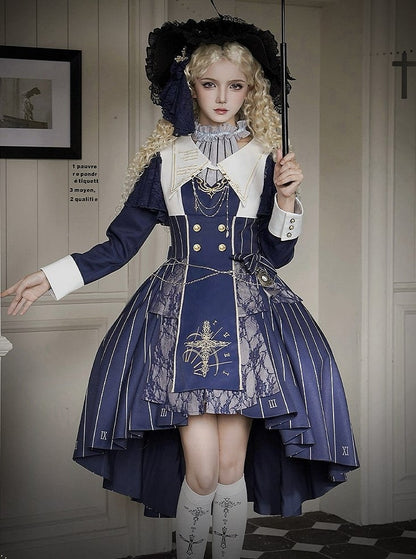 Embroidery+Waist Cross Lolita Watch Dress Full Collar Blue White Nun Chain+Pocket Chain+Detachable Striped Belt+Waist Set with Dark