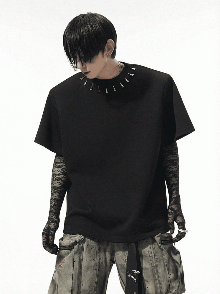 Studded T-shirt Shoulder Men Black for Padding Design with