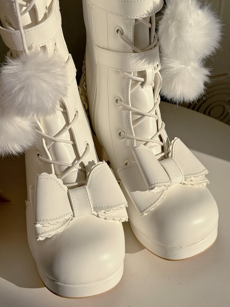 Boots - PU Cuff Charm Plush Closure Mid-heel Lace-up Creamy Pompon Knee-Length in White with