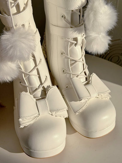 Boots - PU Cuff Charm Plush Closure Mid-heel Lace-up Creamy Pompon Knee-Length in White with
