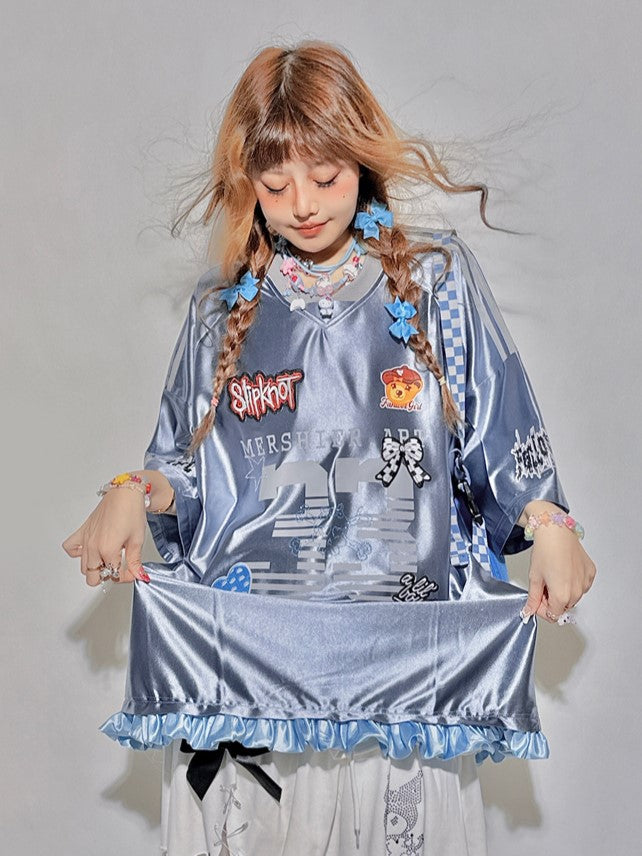 Print Number Long/Short Sleeve and Sports with V-Neck Top Cute Patchwork Blue