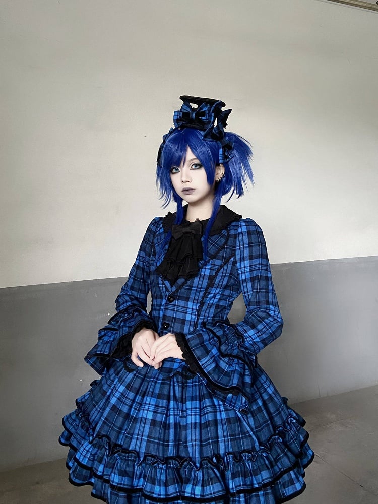 Lapel Notched Set School Blazer + Old Plaid - Lolita Ruffled Skirt Blue