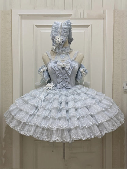 Princess Neck Hem Ruffle Halter Balletcore Lolita Layered Dress Blue with