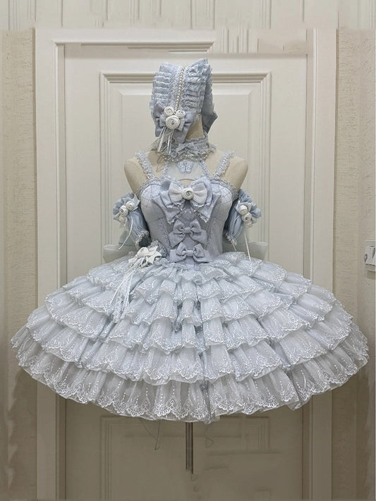 Princess Neck Hem Ruffle Halter Balletcore Lolita Layered Dress Blue with