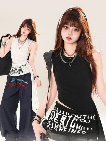 アシンメトリーヘムカットアウトウエストタンクトップ ブラック/ホワイト