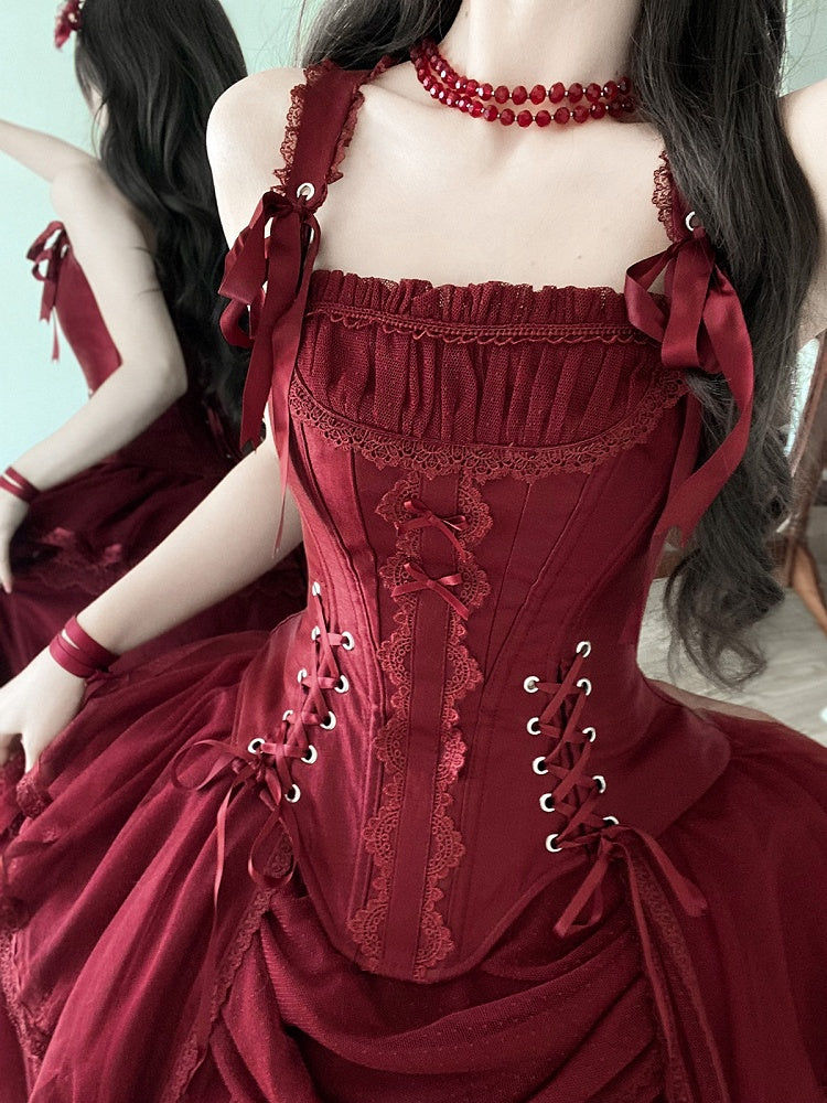 Red Classic Lolita Corset Top with Layered Tulle Skirt - Caramelantike