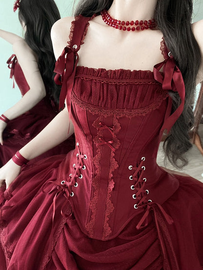 Red Classic Lolita Corset Top with Layered Tulle Skirt - Caramelantike