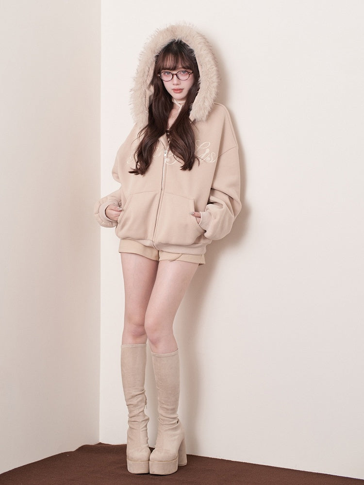 Faux Letter Jirai with Collar Embroidery Knit Jacket Kei Hooded Beige Fur