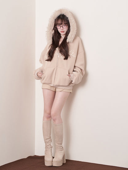 Faux Letter Jirai with Collar Embroidery Knit Jacket Kei Hooded Beige Fur