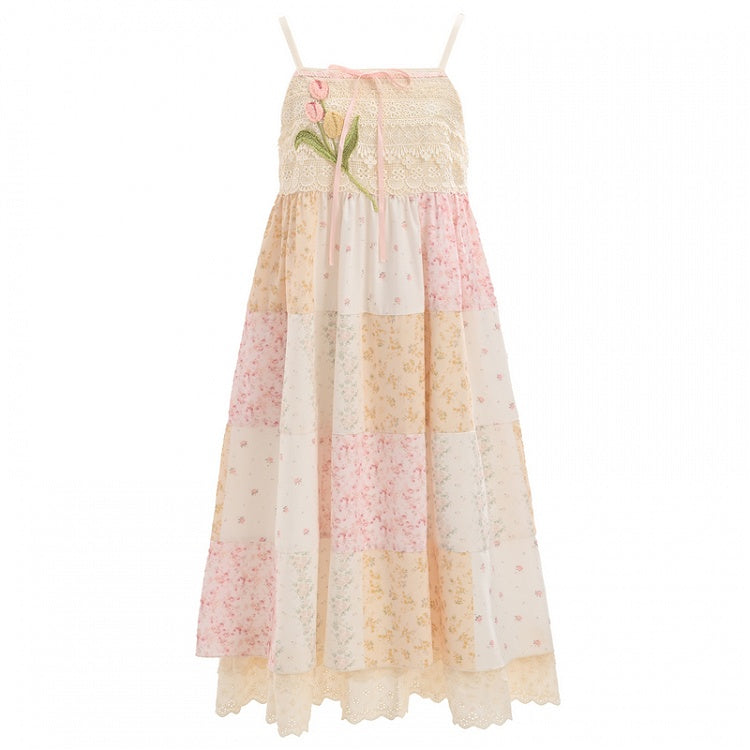 Mori Kei Beige & Pink Tulip Floral Patchwork Summer Dress