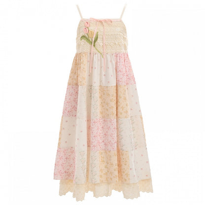 Mori Kei Beige & Pink Tulip Floral Patchwork Summer Dress