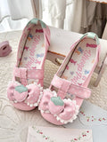 Leather Flat Strap Shoes - Lolita Closures PU T-Velcro Pink