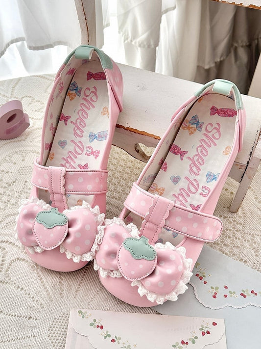 Leather Flat Strap Shoes - Lolita Closures PU T-Velcro Pink