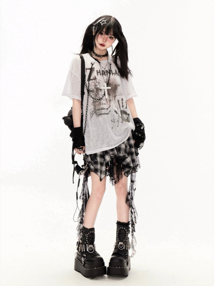 Coverup White/Black Round Neck Punk Print Semi-sheer