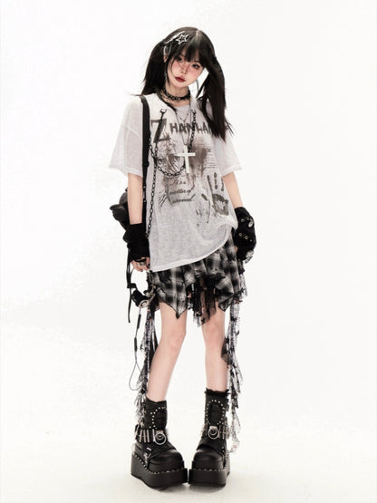 Coverup White/Black Round Neck Punk Print Semi-sheer