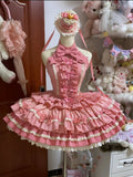Süßes Schleifenkleid mit Rüschenakzenten, Lolita, rosa, gestufter Neckholder, Rosenhalsrock, Idol