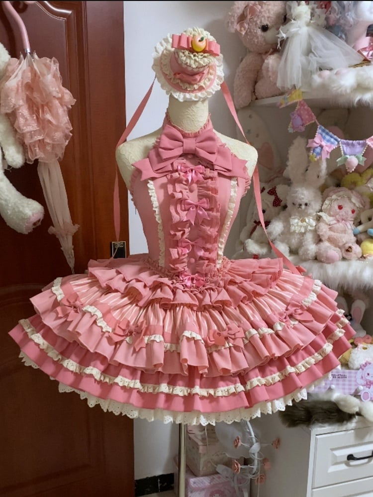 Süßes Schleifenkleid mit Rüschenakzenten, Lolita, rosa, gestufter Neckholder, Rosenhalsrock, Idol