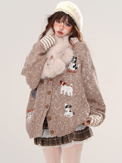 Lockere Strickjacke mit Rundhalsausschnitt und süßen Welpen in Rosa/Kaffee