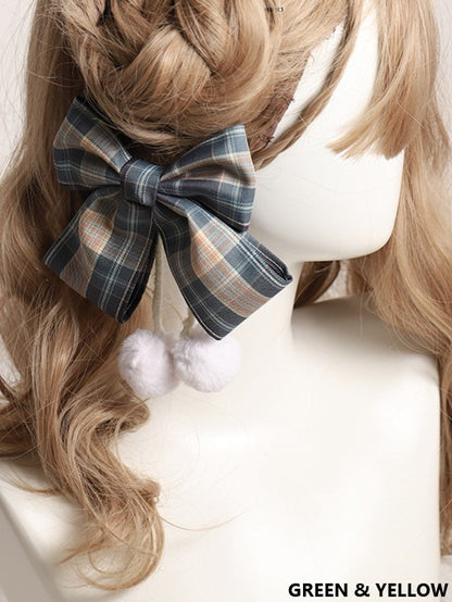 10 Color Options Sweet Lolita Pom-Pom Plaid Bowknot Hairclip