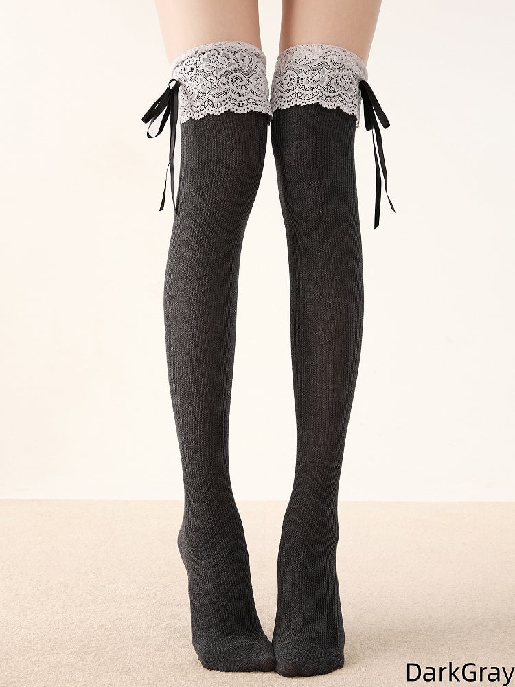 Knee Bow Stockings Ribbon Lolita Lace 7 with Colors Over Trim
