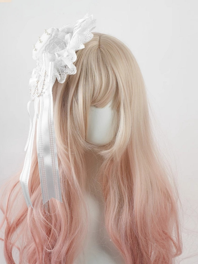 シロロリータ ホワイト ビッグリボン レーストリム スノーフレーク ミニハット ビーズチェーン付き