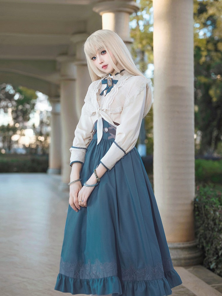 Preppy Beige & Blue Bow Lolita Blouse + High-Waist Skirt + Cape Ensemble - Xiong Dou Jiang