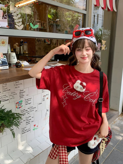 詳細 取り外し可能なキティのぬいぐるみネックラインストーンレッドスクエア付きTシャツ