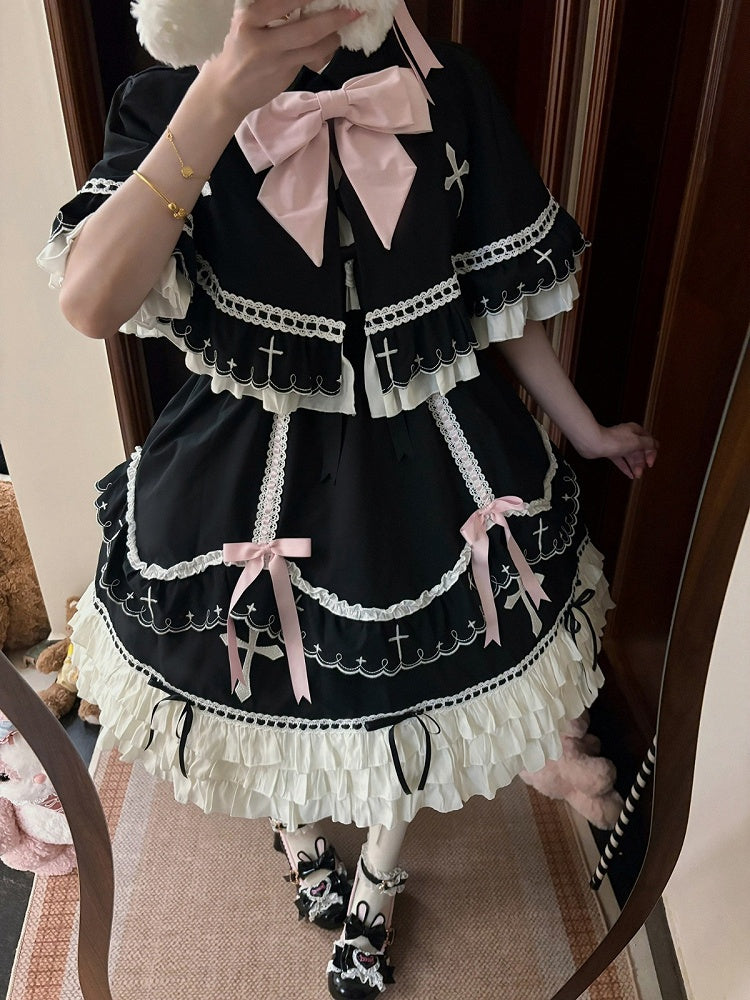 Short Sleeve Peter Pan Collar Lolita OP with Cross & Bow Accents in Black & Pink - MUYU