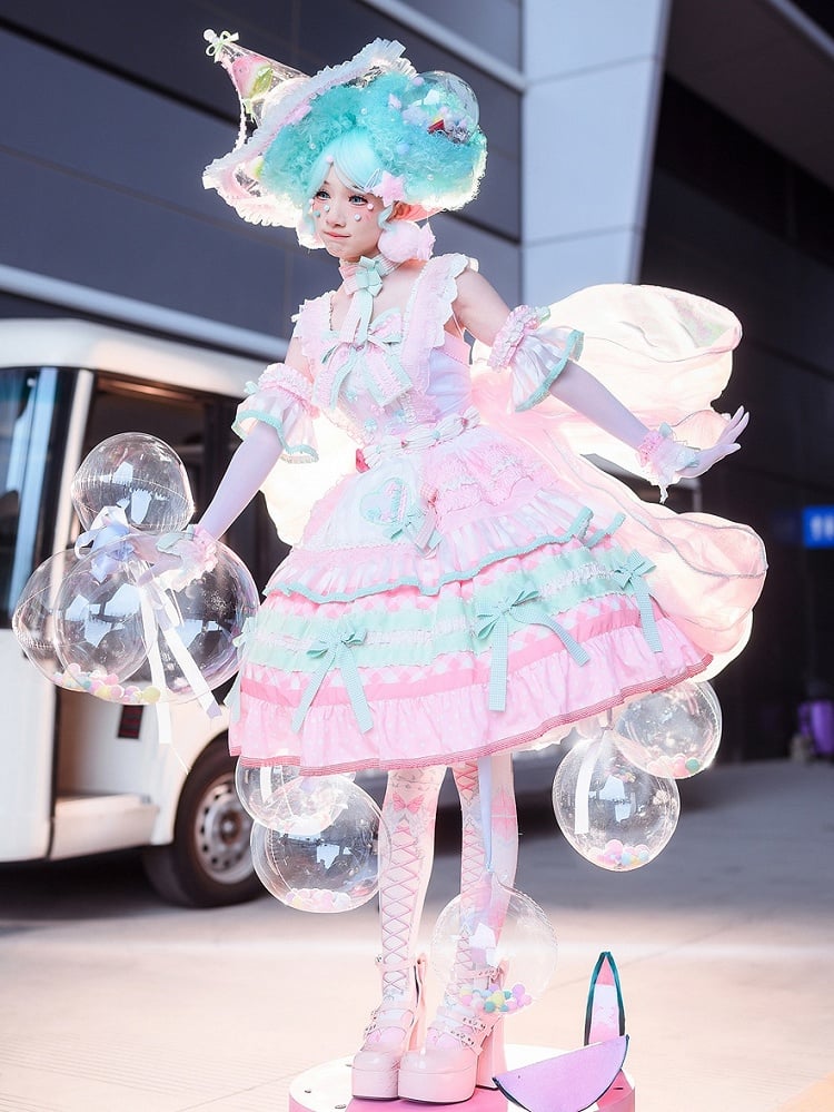 Volle Wassermelone und gestufter süßer rosa Akzentrock Lolita Set Cake Bow Grün JSK