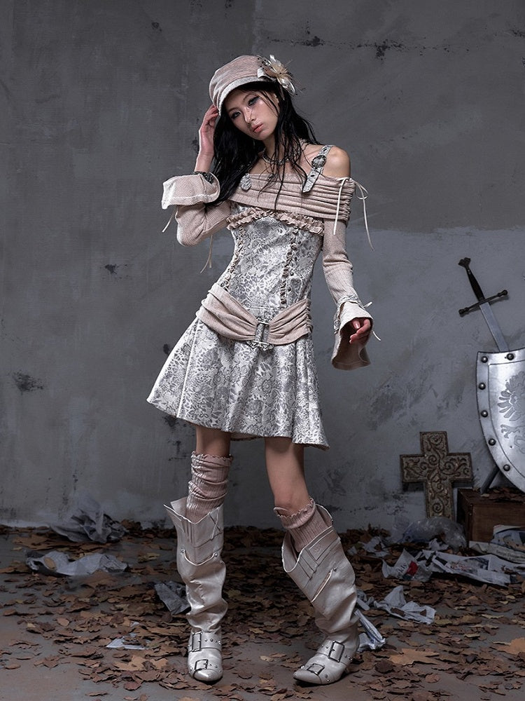Off-Shoulder Dress Vintage Khaki Knit Punk A-Line with Belt Beige-gray PU Design
