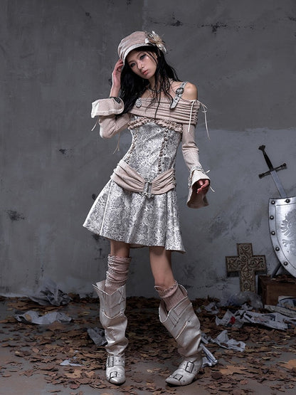 Off-Shoulder Dress Vintage Khaki Knit Punk A-Line with Belt Beige-gray PU Design