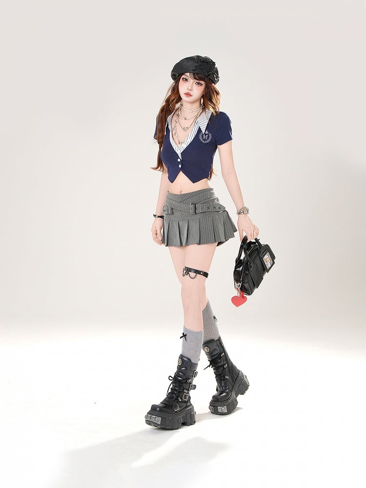 Front Button Placket White/Gray/Blue Shirt Collar Striped