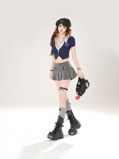 Front Button Placket White/Gray/Blue Shirt Collar Striped